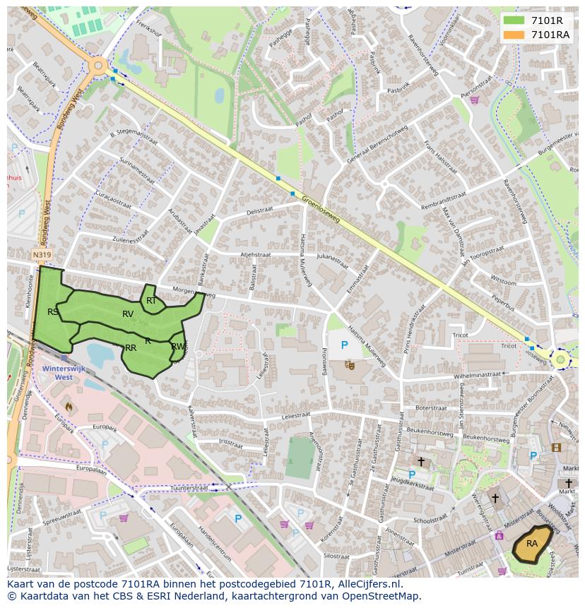 Afbeelding van het postcodegebied 7101 RA op de kaart.