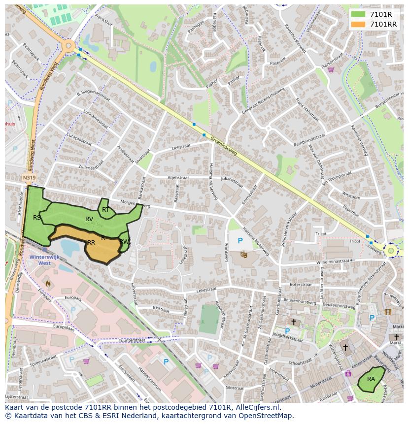 Afbeelding van het postcodegebied 7101 RR op de kaart.