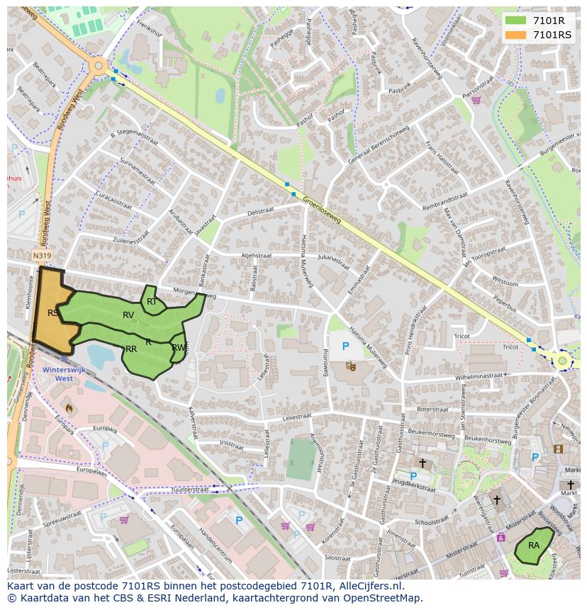 Afbeelding van het postcodegebied 7101 RS op de kaart.
