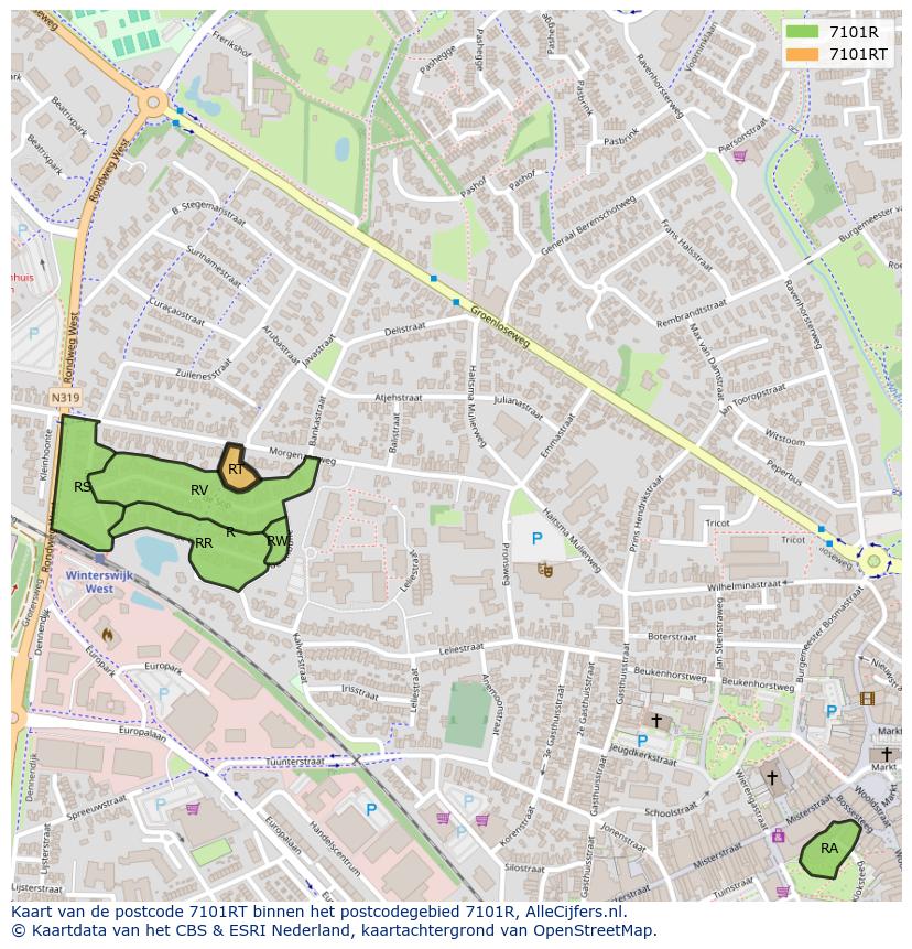 Afbeelding van het postcodegebied 7101 RT op de kaart.