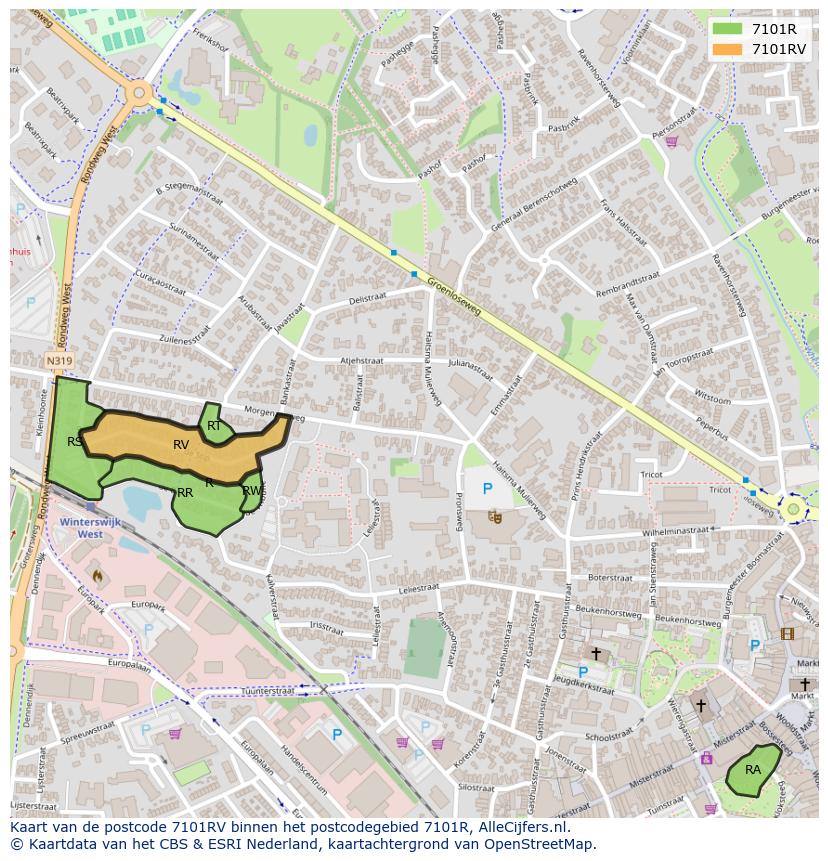 Afbeelding van het postcodegebied 7101 RV op de kaart.