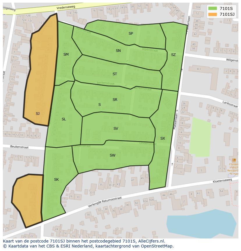Afbeelding van het postcodegebied 7101 SJ op de kaart.