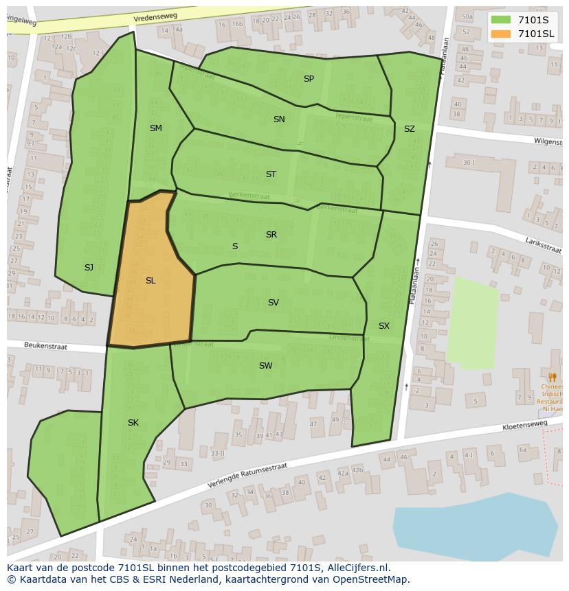 Afbeelding van het postcodegebied 7101 SL op de kaart.