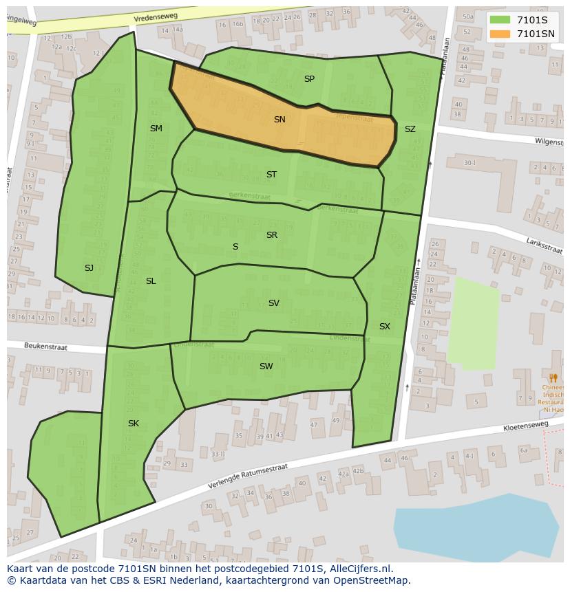 Afbeelding van het postcodegebied 7101 SN op de kaart.