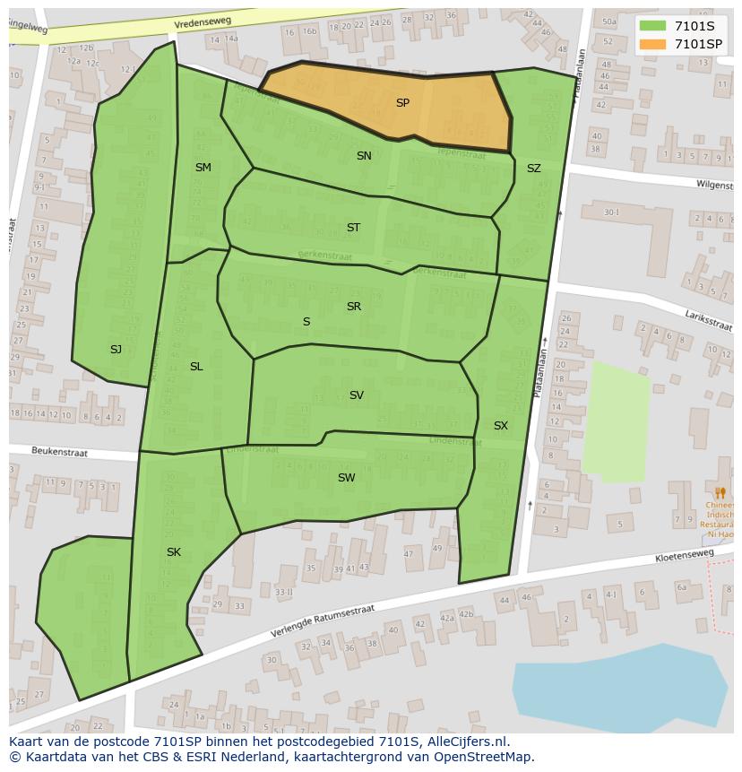 Afbeelding van het postcodegebied 7101 SP op de kaart.