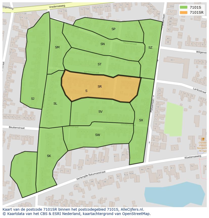 Afbeelding van het postcodegebied 7101 SR op de kaart.