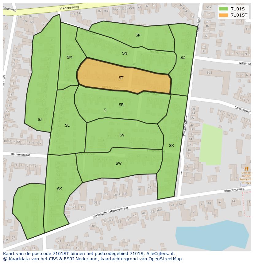 Afbeelding van het postcodegebied 7101 ST op de kaart.