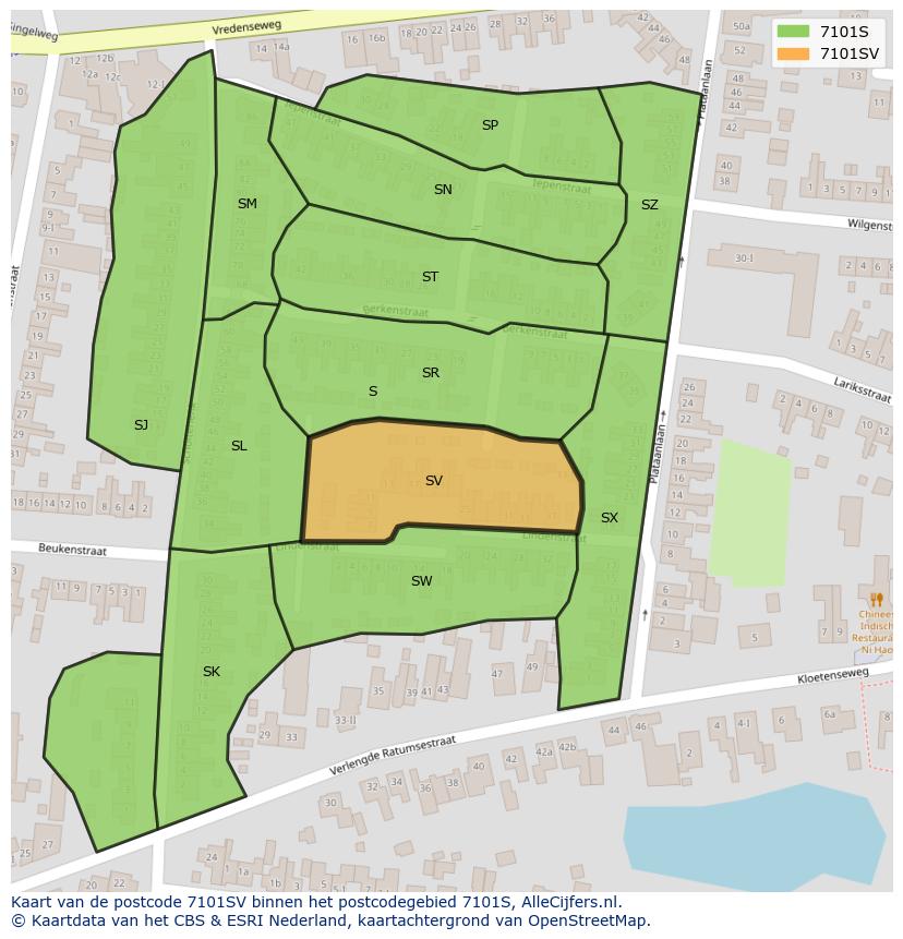 Afbeelding van het postcodegebied 7101 SV op de kaart.