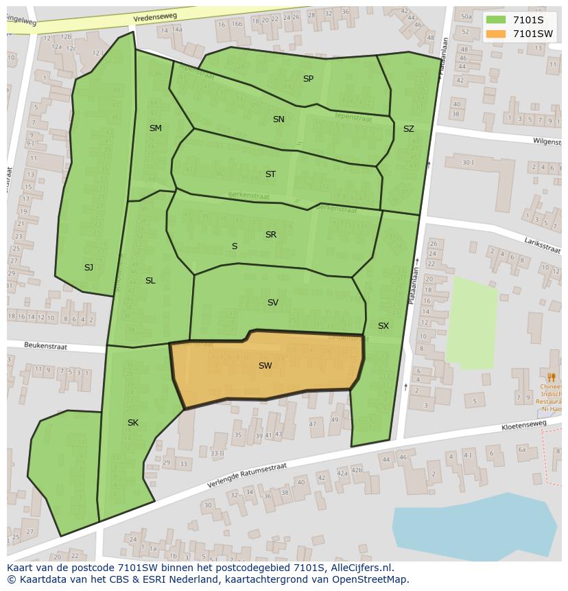 Afbeelding van het postcodegebied 7101 SW op de kaart.