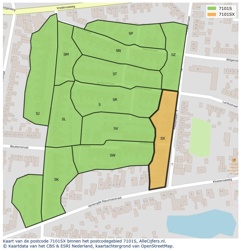 Afbeelding van het postcodegebied 7101 SX op de kaart.