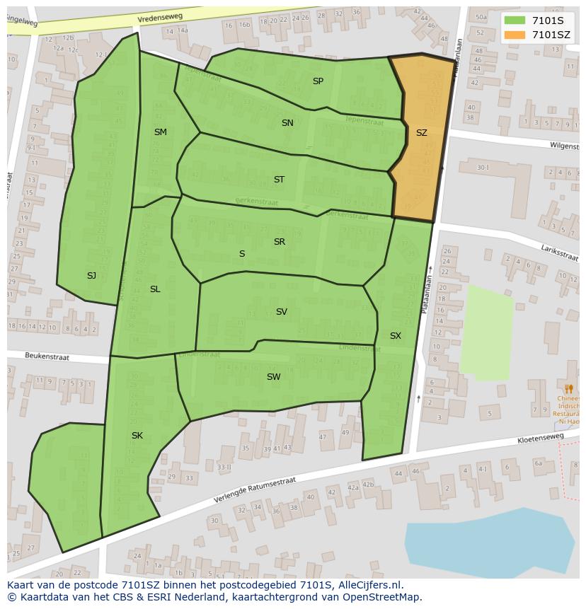 Afbeelding van het postcodegebied 7101 SZ op de kaart.