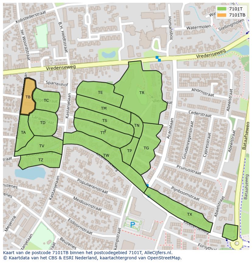 Afbeelding van het postcodegebied 7101 TB op de kaart.