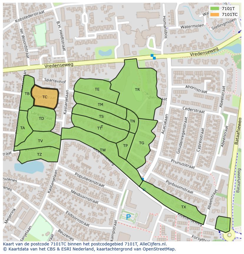 Afbeelding van het postcodegebied 7101 TC op de kaart.