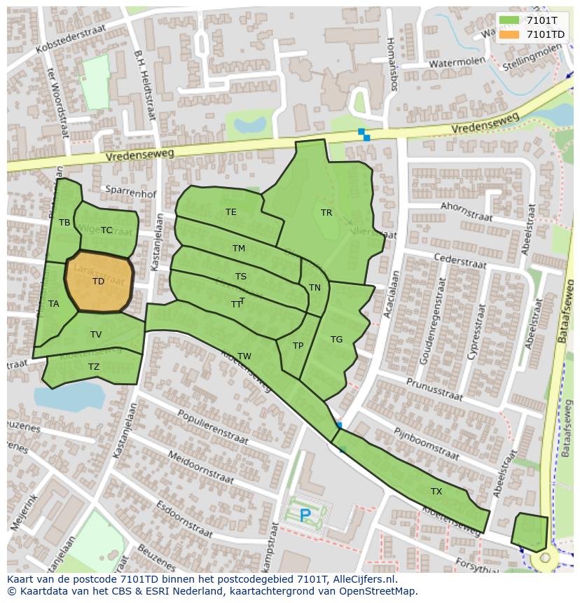 Afbeelding van het postcodegebied 7101 TD op de kaart.