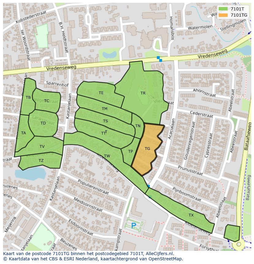 Afbeelding van het postcodegebied 7101 TG op de kaart.