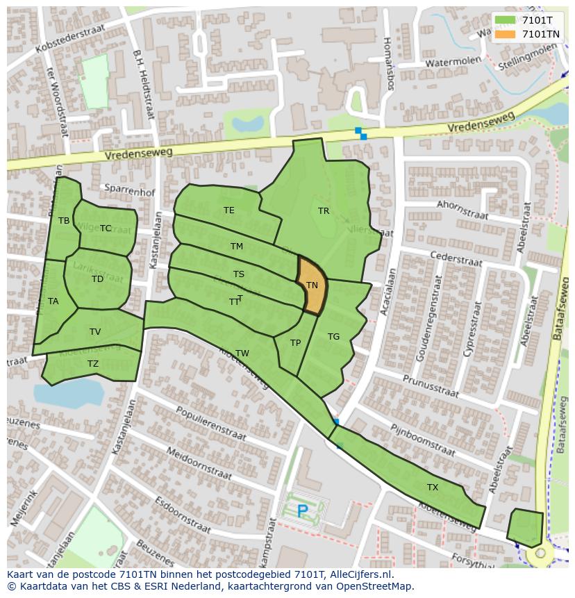 Afbeelding van het postcodegebied 7101 TN op de kaart.