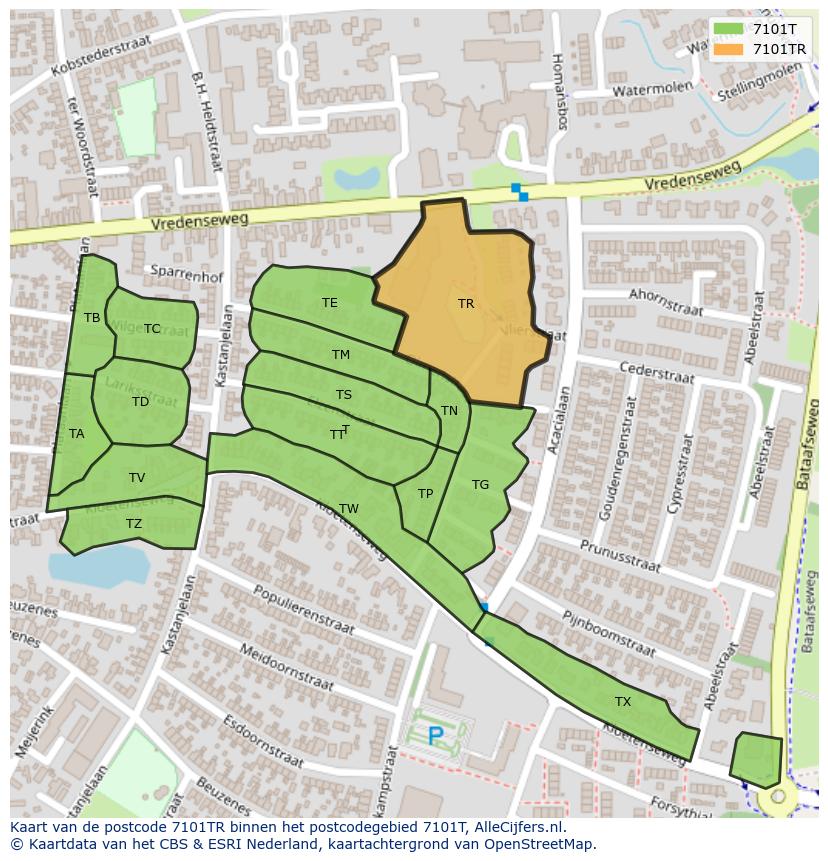Afbeelding van het postcodegebied 7101 TR op de kaart.