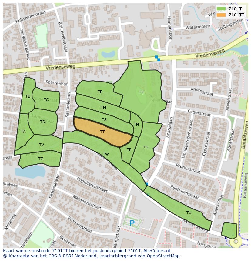 Afbeelding van het postcodegebied 7101 TT op de kaart.