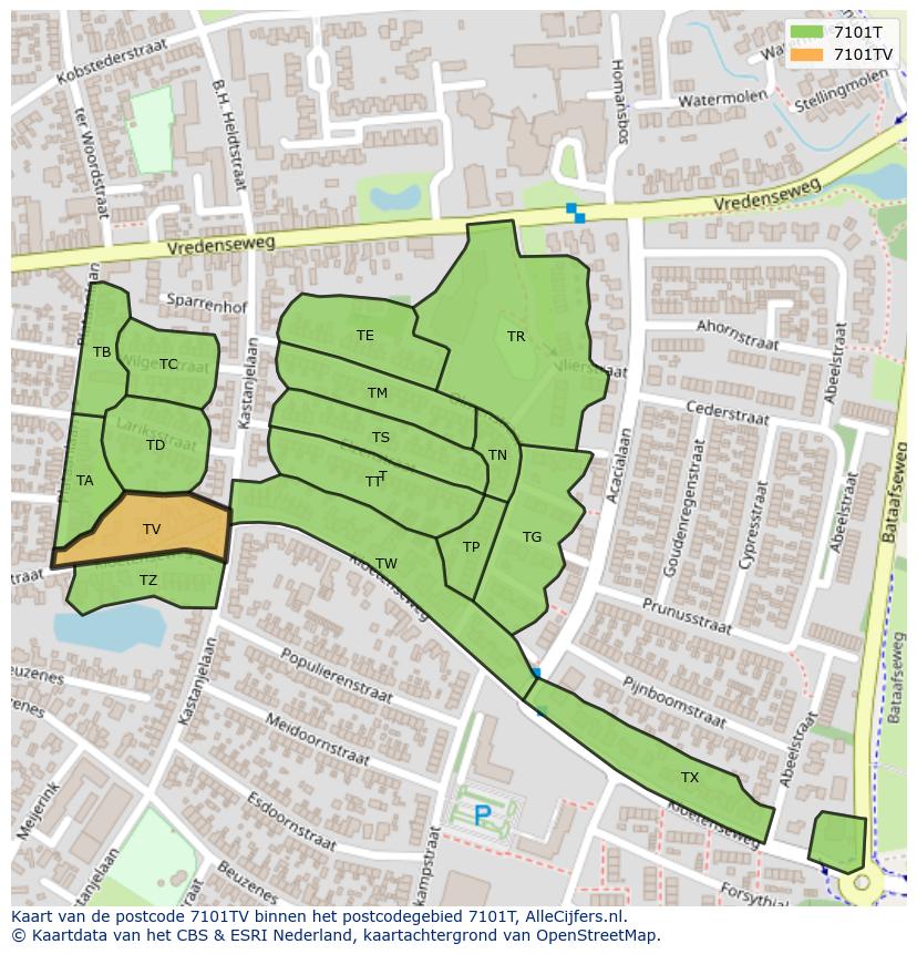 Afbeelding van het postcodegebied 7101 TV op de kaart.