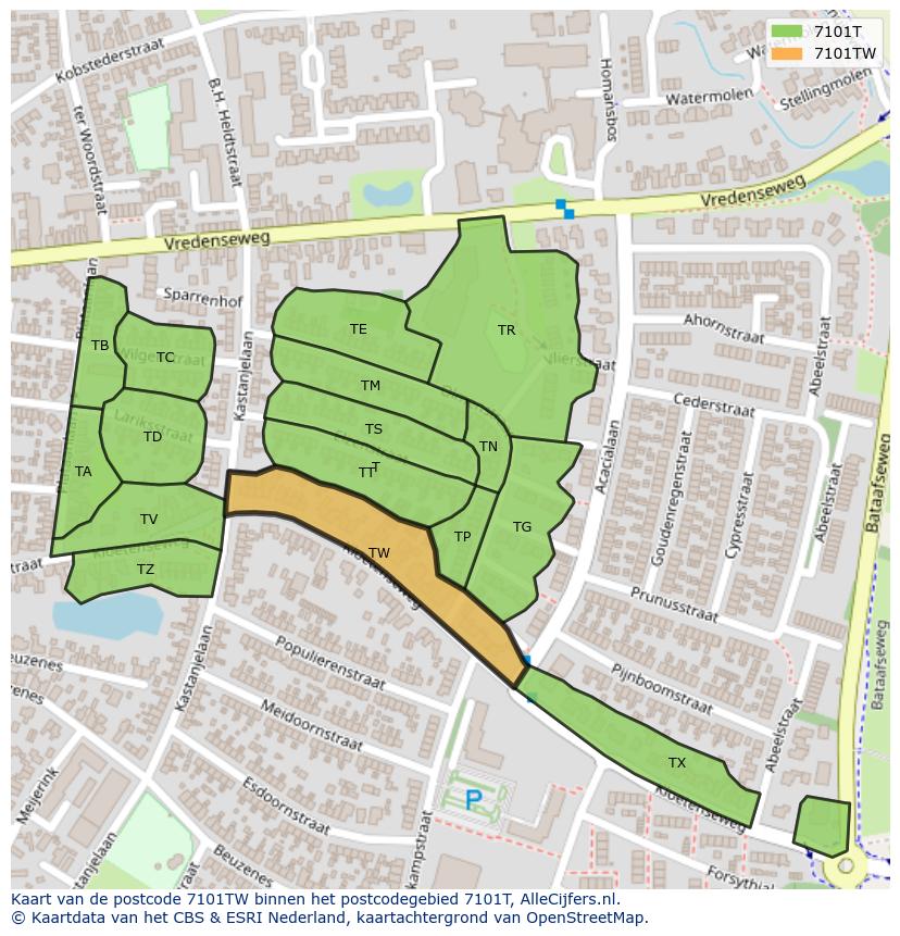 Afbeelding van het postcodegebied 7101 TW op de kaart.