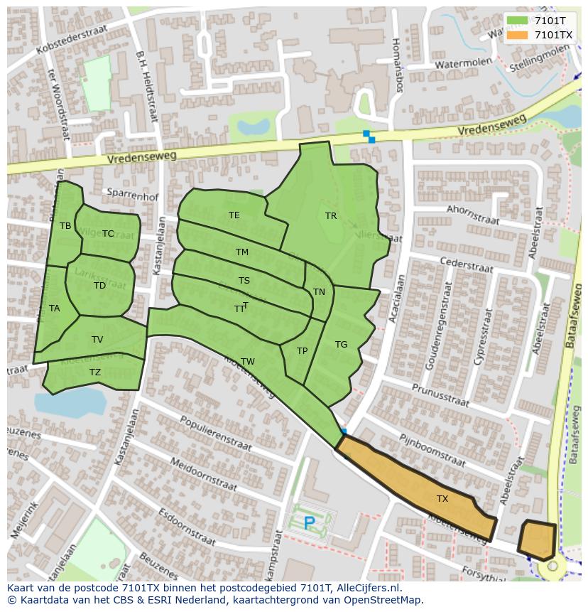 Afbeelding van het postcodegebied 7101 TX op de kaart.