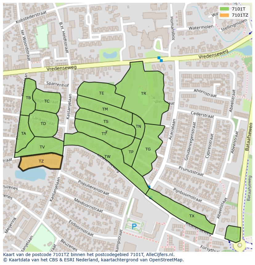Afbeelding van het postcodegebied 7101 TZ op de kaart.