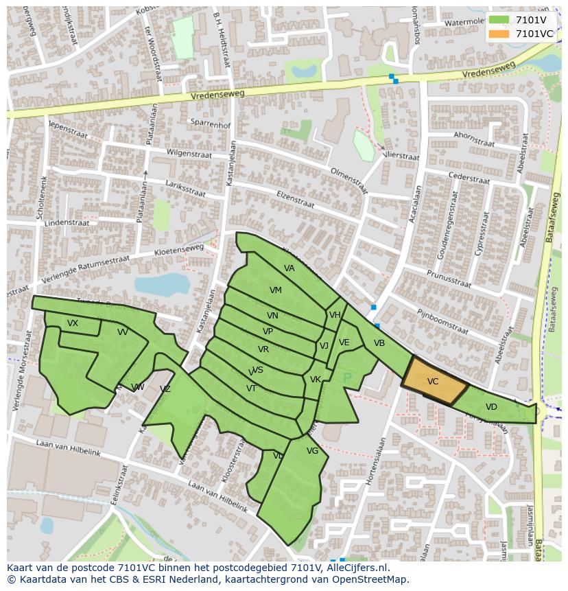 Afbeelding van het postcodegebied 7101 VC op de kaart.