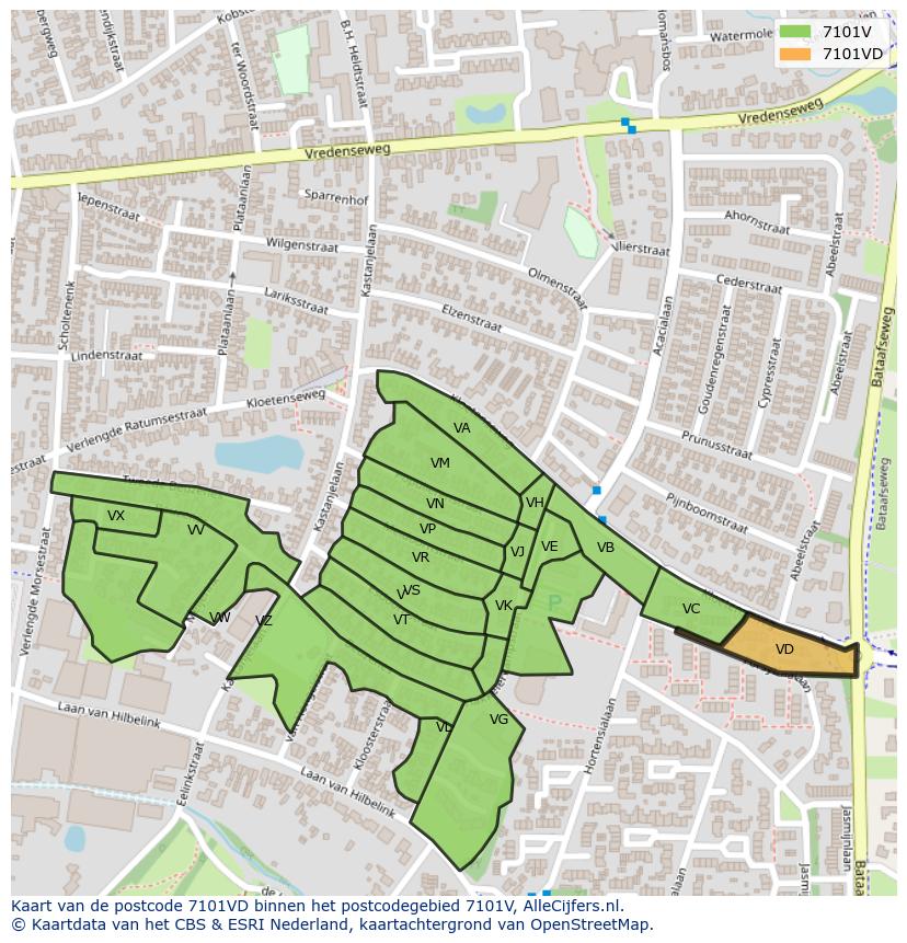 Afbeelding van het postcodegebied 7101 VD op de kaart.