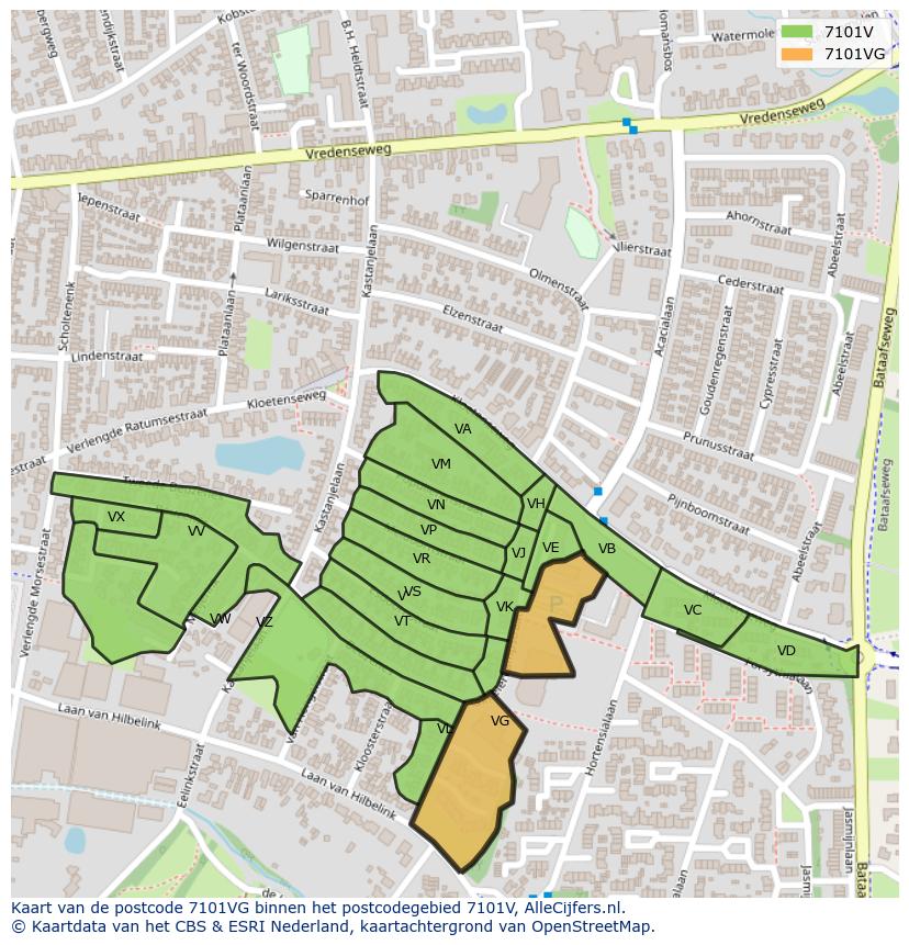 Afbeelding van het postcodegebied 7101 VG op de kaart.