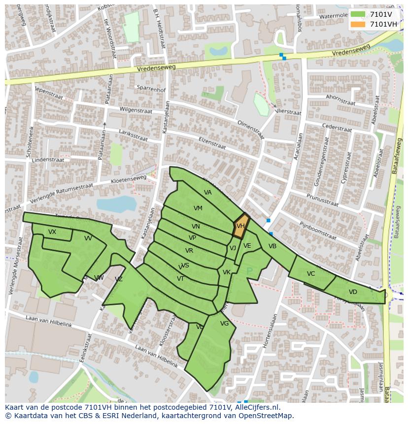Afbeelding van het postcodegebied 7101 VH op de kaart.