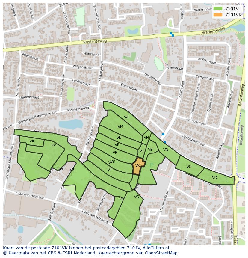 Afbeelding van het postcodegebied 7101 VK op de kaart.