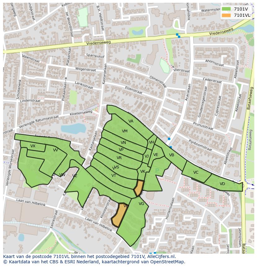 Afbeelding van het postcodegebied 7101 VL op de kaart.