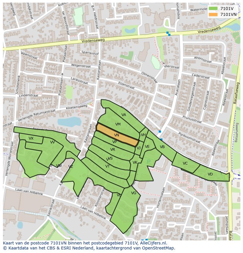 Afbeelding van het postcodegebied 7101 VN op de kaart.