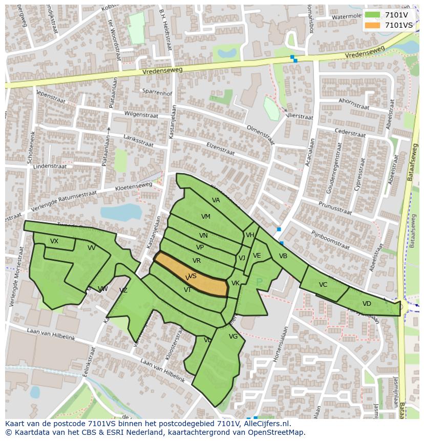Afbeelding van het postcodegebied 7101 VS op de kaart.
