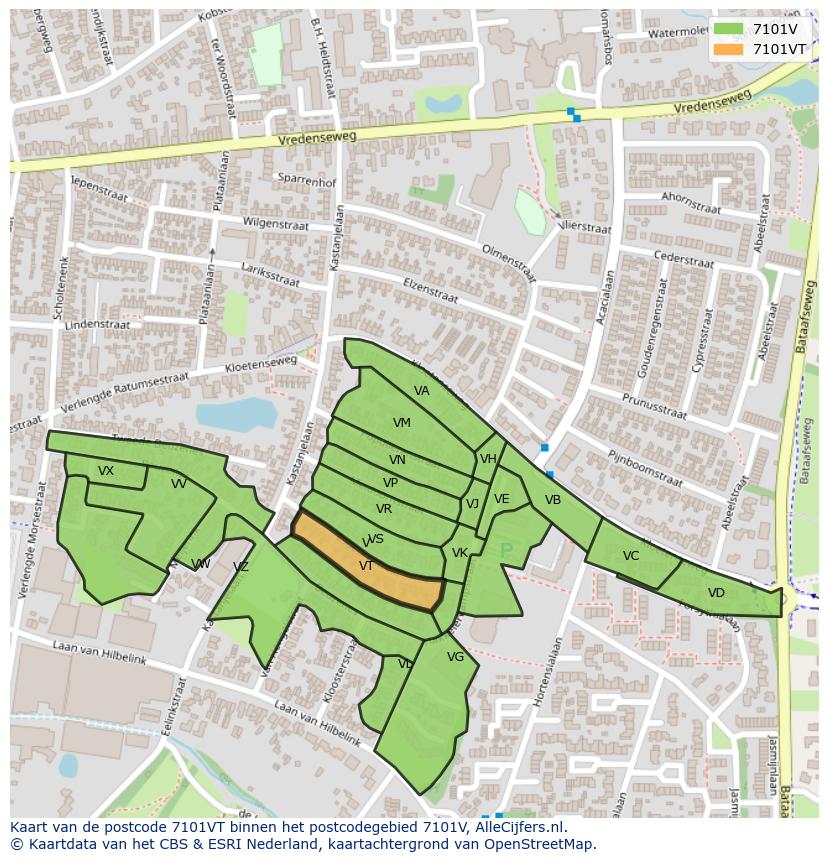 Afbeelding van het postcodegebied 7101 VT op de kaart.
