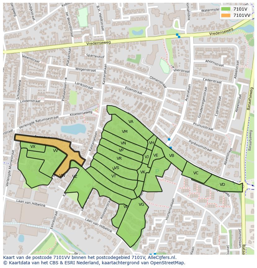 Afbeelding van het postcodegebied 7101 VV op de kaart.