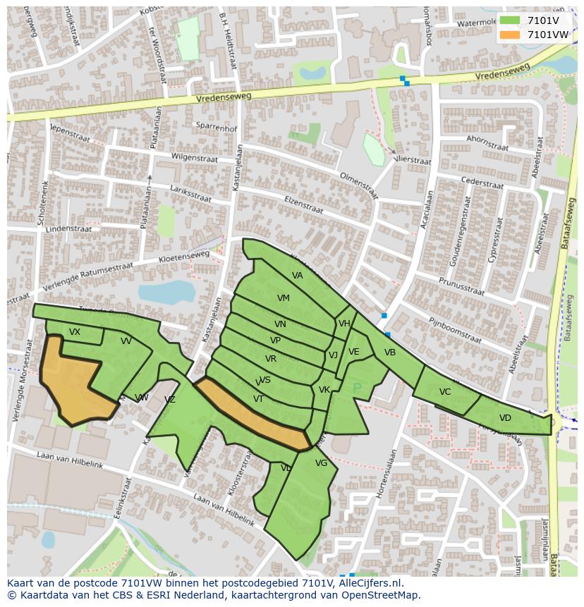 Afbeelding van het postcodegebied 7101 VW op de kaart.
