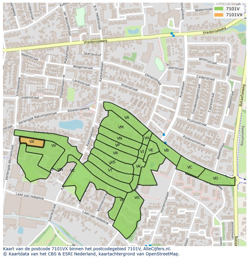 Afbeelding van het postcodegebied 7101 VX op de kaart.
