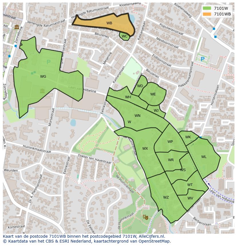Afbeelding van het postcodegebied 7101 WB op de kaart.
