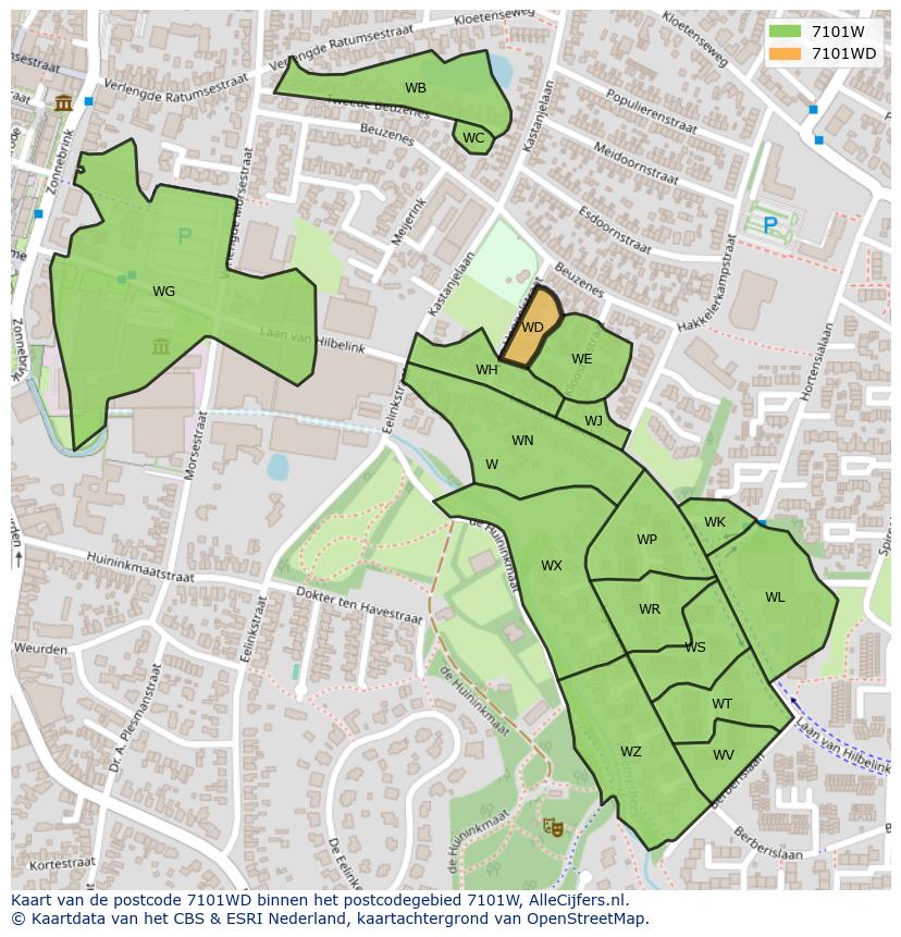 Afbeelding van het postcodegebied 7101 WD op de kaart.