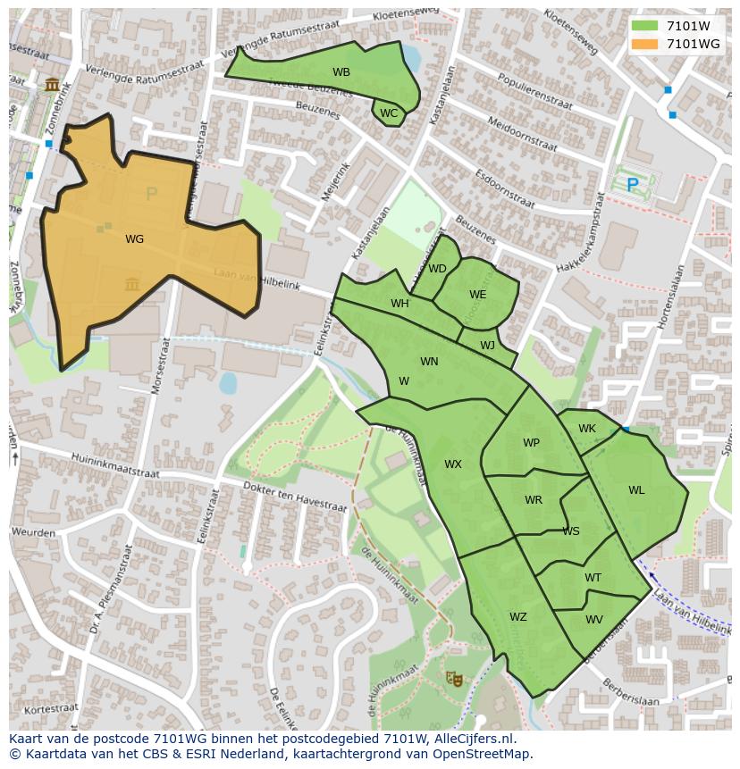 Afbeelding van het postcodegebied 7101 WG op de kaart.