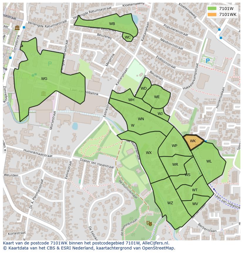 Afbeelding van het postcodegebied 7101 WK op de kaart.