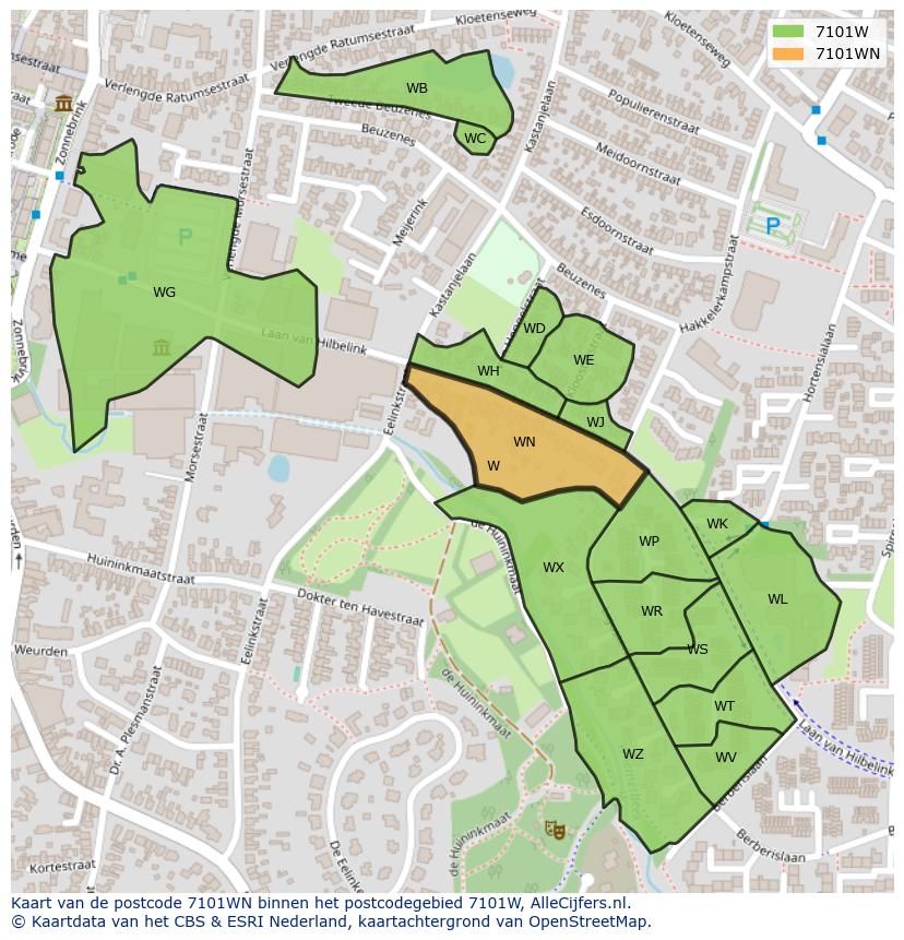 Afbeelding van het postcodegebied 7101 WN op de kaart.