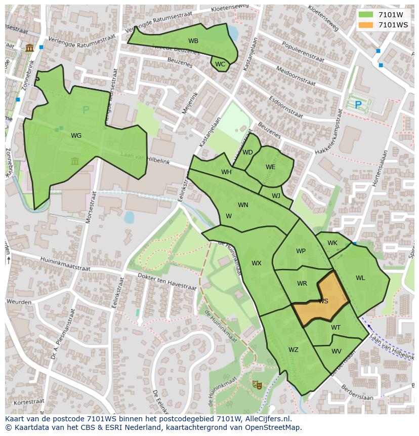 Afbeelding van het postcodegebied 7101 WS op de kaart.