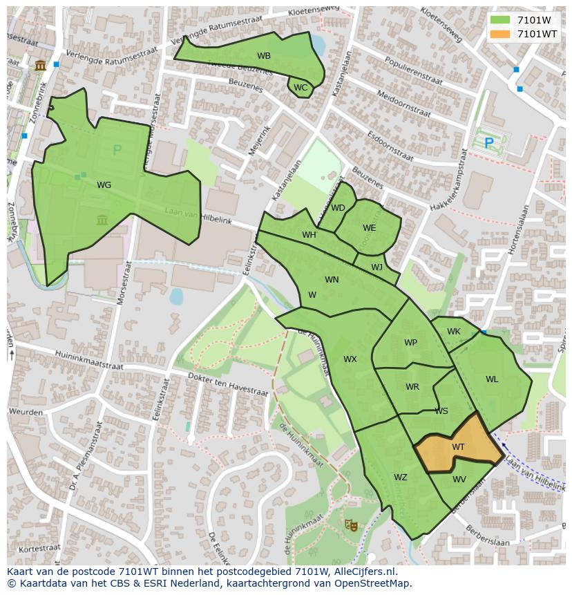 Afbeelding van het postcodegebied 7101 WT op de kaart.