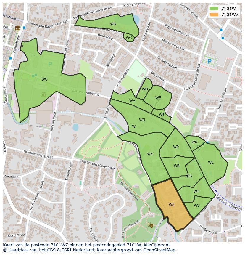 Afbeelding van het postcodegebied 7101 WZ op de kaart.