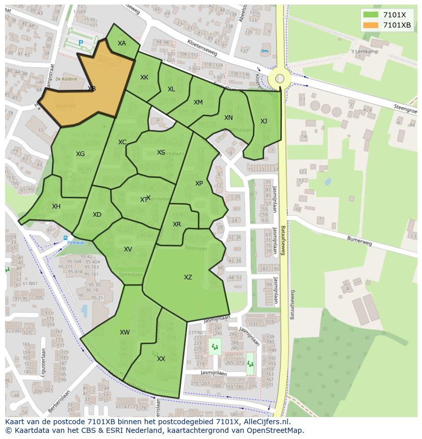 Afbeelding van het postcodegebied 7101 XB op de kaart.