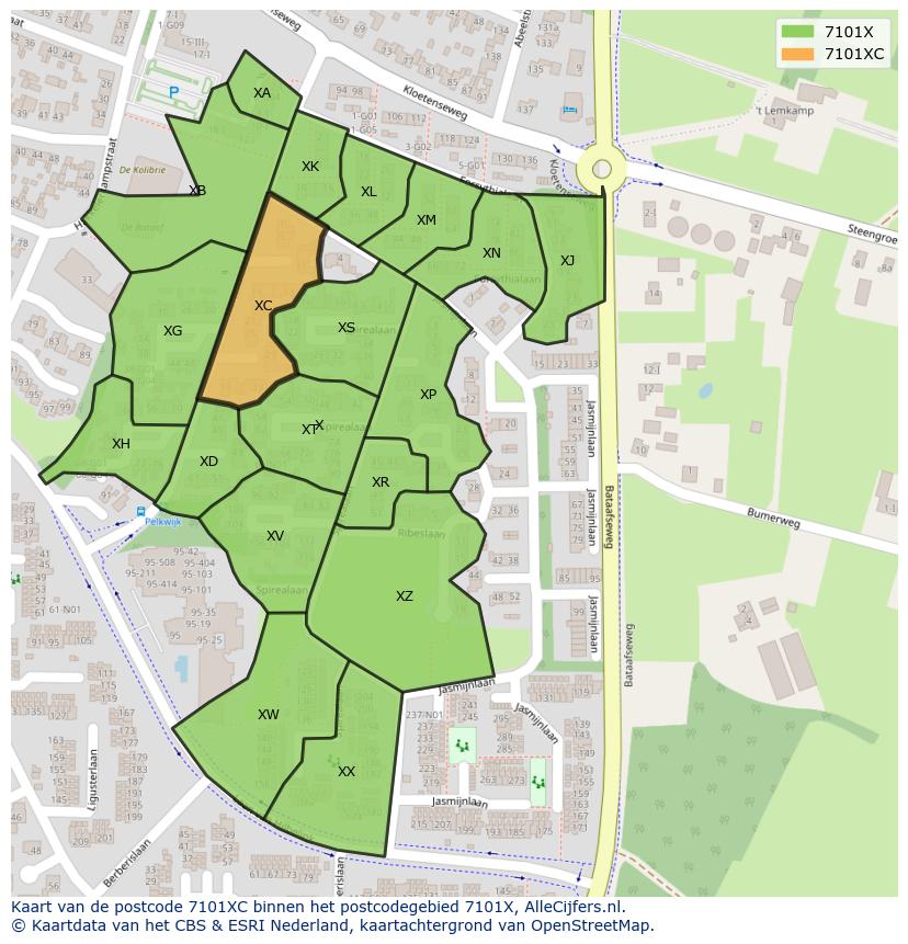 Afbeelding van het postcodegebied 7101 XC op de kaart.