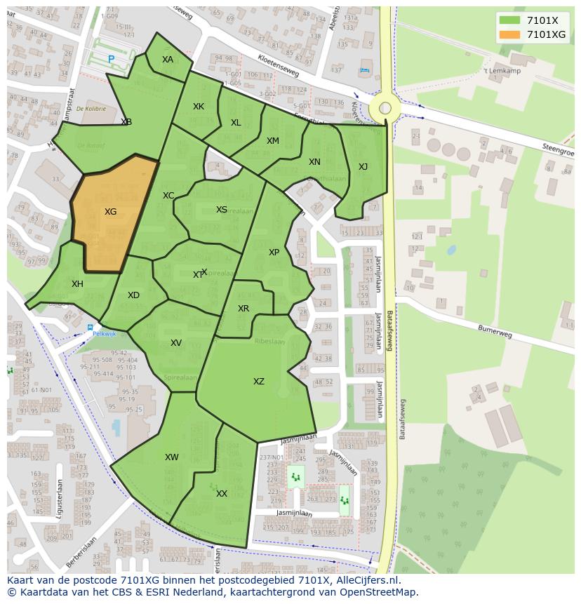 Afbeelding van het postcodegebied 7101 XG op de kaart.