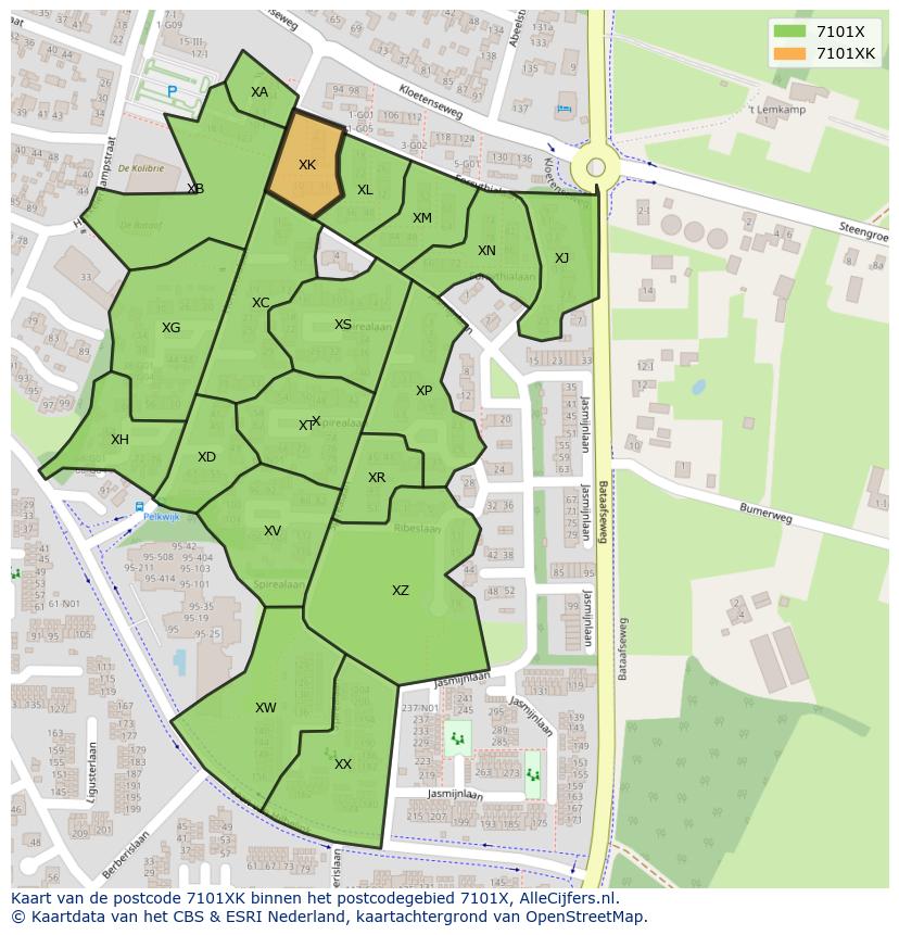 Afbeelding van het postcodegebied 7101 XK op de kaart.